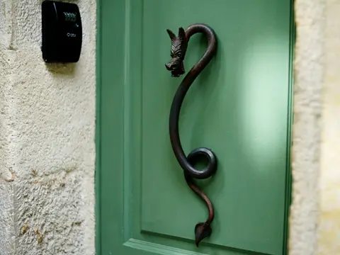 Poignée de porte en métal sombre en forme de dragon, sur une porte peinte en vert